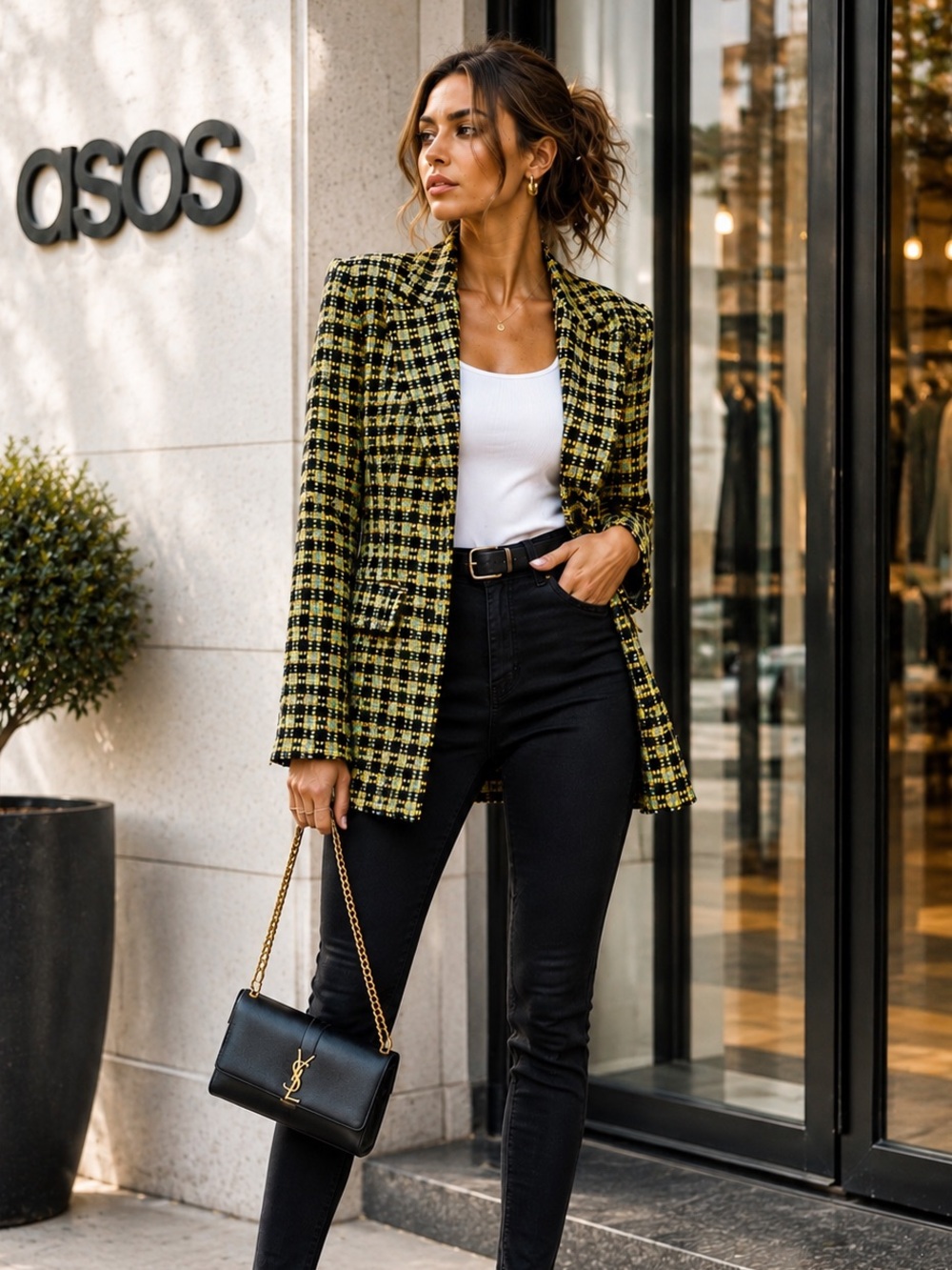 NWT, ASOS, Yellow Black Bouclé Tweed Plaid Longline Blazer Jacket,Plaid, Size 0